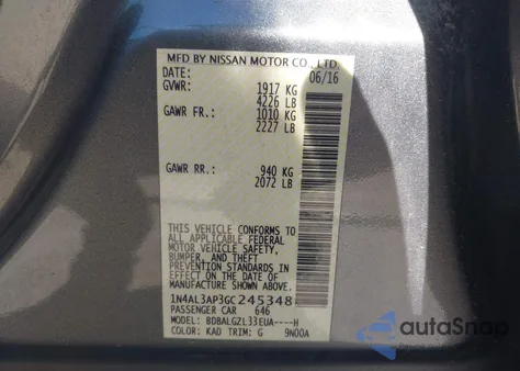 2016 Nissan Altima 2.5 S из США, поврежденный, VIN 1N4AL3AP3GC245348